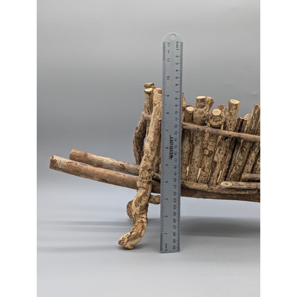Vintage Hand Made Wood Working Driftwood Stick Logs Wheel Barrow 21" x 10" - Picture 10 of 13